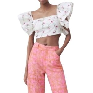 NEW! ZARA Floral Flutter Sleeve Crop Top Large.